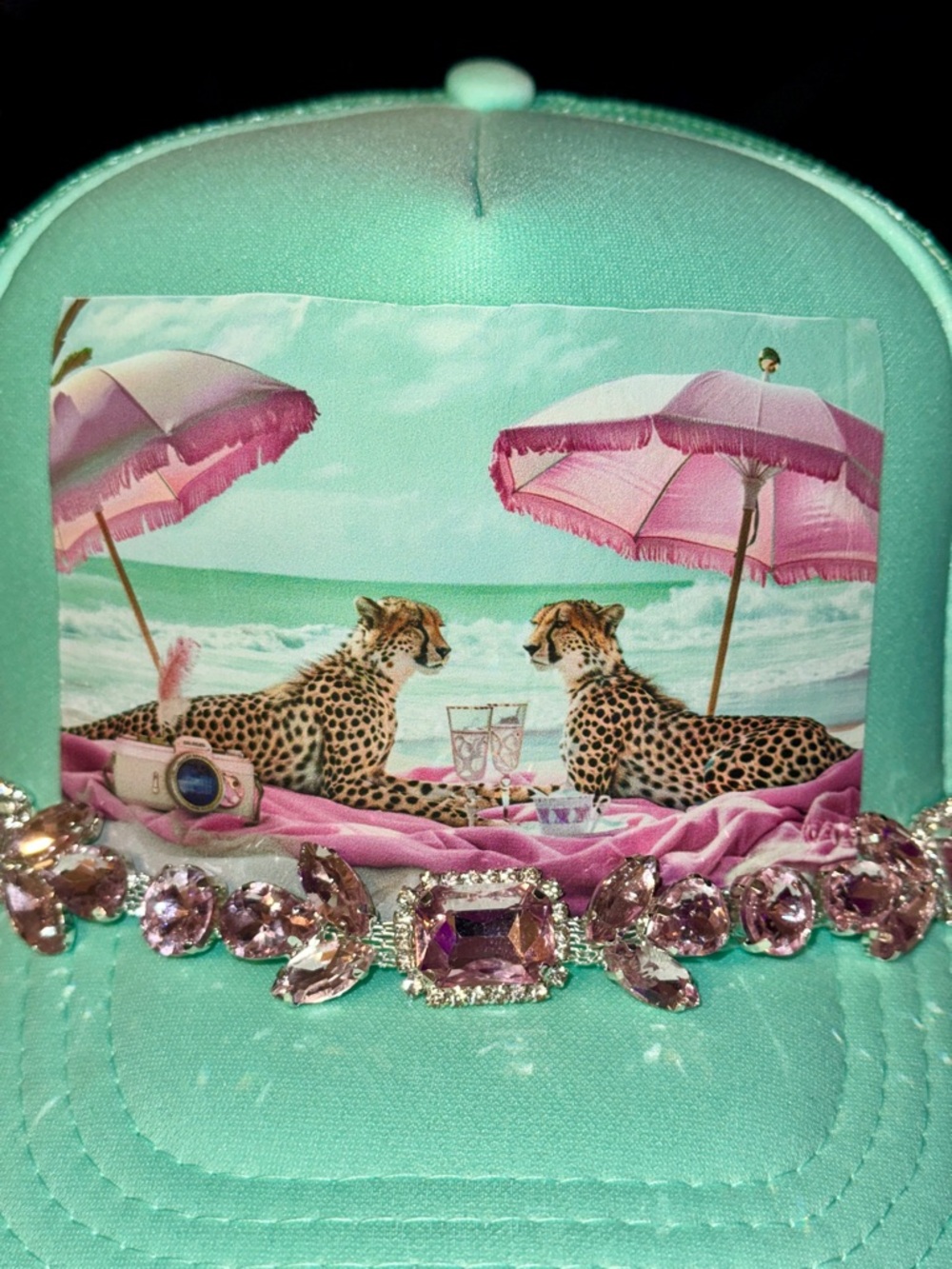 Mint Green and Black Trucker Hats GORGEOUS DTF LEOPARDS and a JAGUAR on beach!